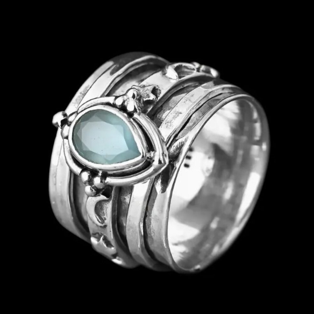 Bohemian Wide Face Silver Plated Copper Ring Blue Synthetic Zirconia Size 8 - Picture 2 of 5